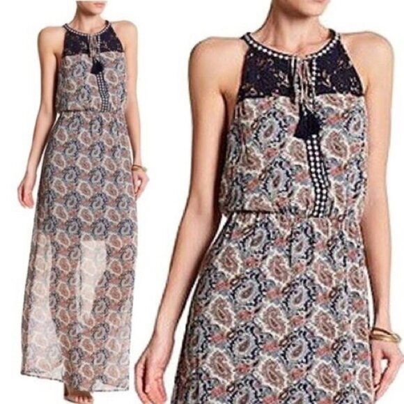 Daniel Rainn paisley navy  coral halter boho maxi dress Medium - Picture 1 of 14